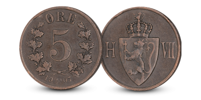 5-øre 1907 - Kong Haakon VIIs aller første 5 øre!